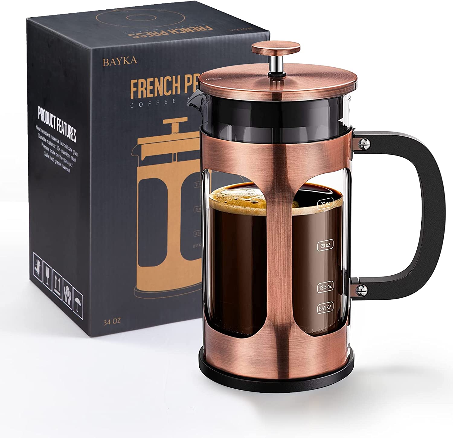 BAYKA US French Press Coffee Maker, 34 Ounce,Glass & Stainless